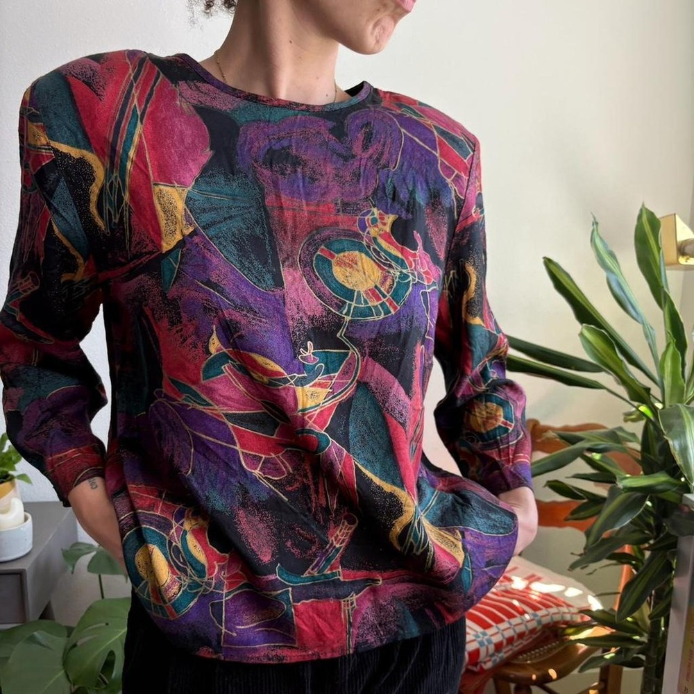 Michael Taylor Vintage Abstract Geometric Print Blouse Jewel Tone Made in USA L